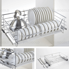 Kệ bát đĩa inox nan âm tủ - gắn cánh, ray giảm chấn Eurogold EG6290