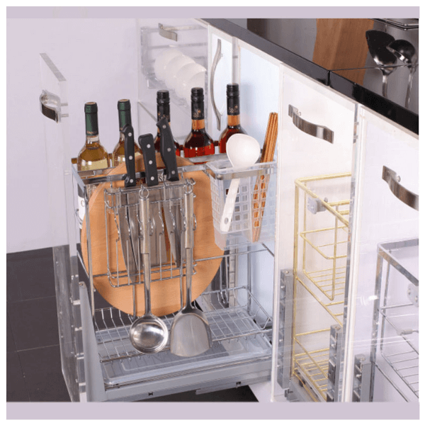 Kệ dao thớt nan dẹt inox bóng, ray giảm chấn Eurogold ES61220