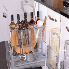 Kệ dao thớt nan dẹt inox bóng, ray giảm chấn Eurogold ES61235