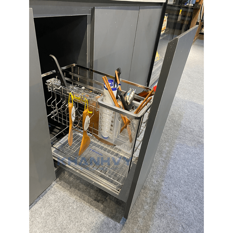 Kệ dao thớt nan dẹt inox mờ, ray giảm chấn Eurogold EPD5230
