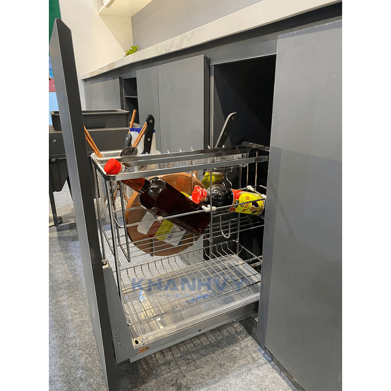 Kệ dao thớt nan dẹt inox mờ, ray giảm chấn Eurogold EPD5230
