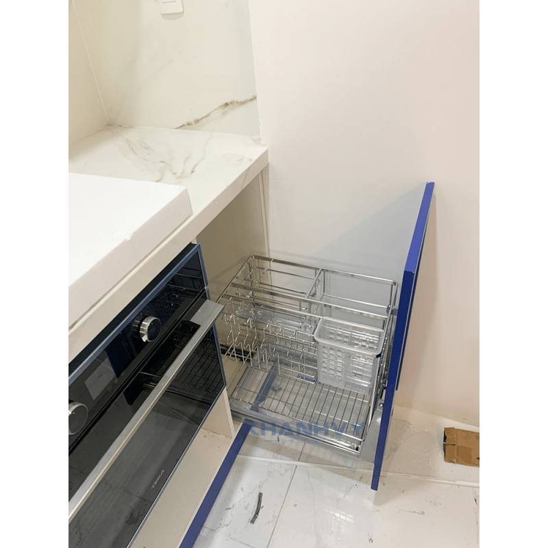Kệ dao thớt nan dẹt inox mờ, ray giảm chấn Eurogold EPD5235