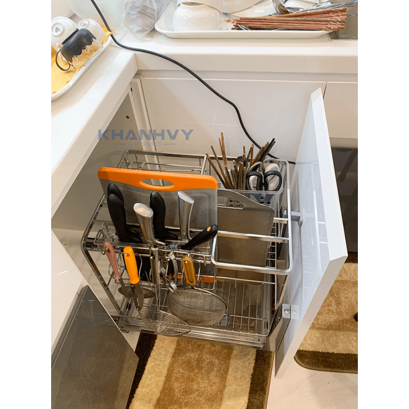 Kệ dao thớt nan dẹt inox mờ, ray giảm chấn Eurogold EPD5240