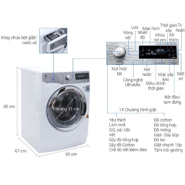 Máy giặt kết hợp sấy Electrolux EWW14023 giặt 10 kg - sấy 7 kg