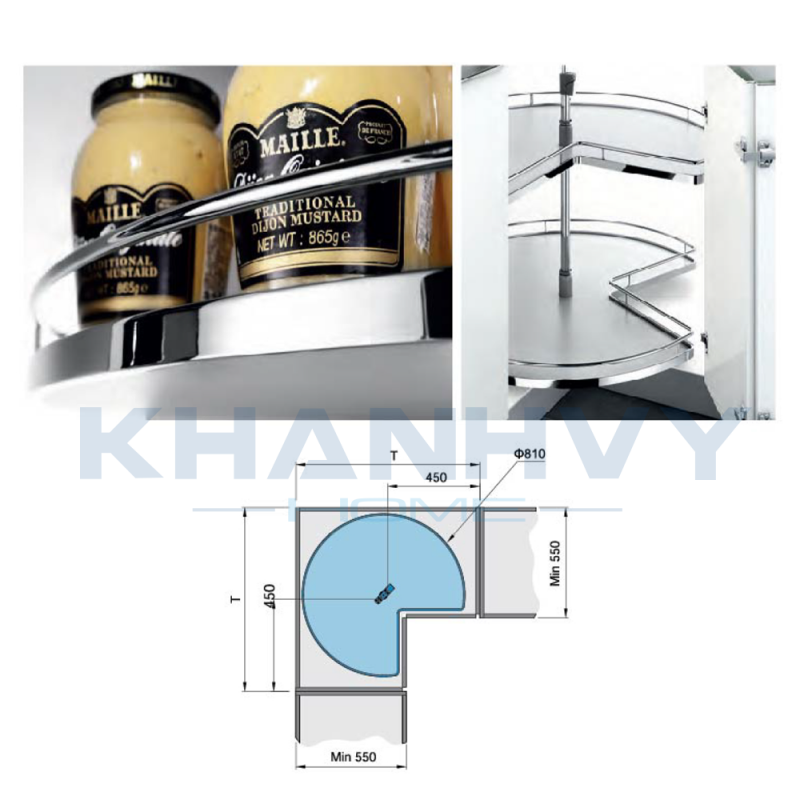 Mâm xoay 3/4 đáy gỗ crom 900mm Higold 101112
