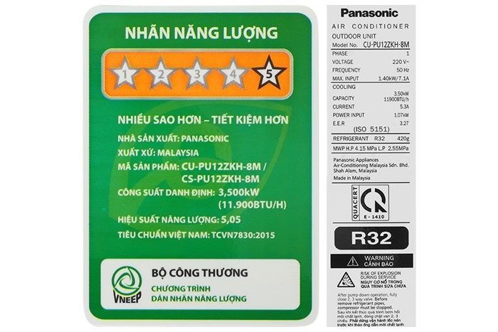 Máy lạnh Panasonic Inverter 1 chiều CU/CS-PU12ZKH-8M 11.900 BTU 1.5 HP