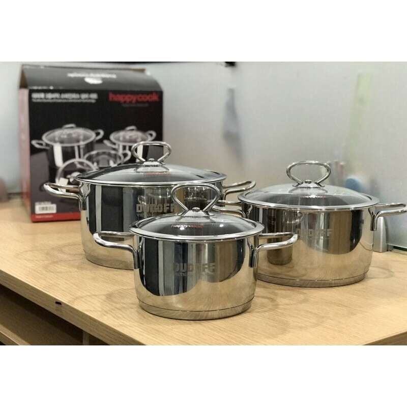 Bộ Nồi Inox 304 Cao Cấp 3 Đáy Nắp Kính Happy Cook Delux HC06DLG