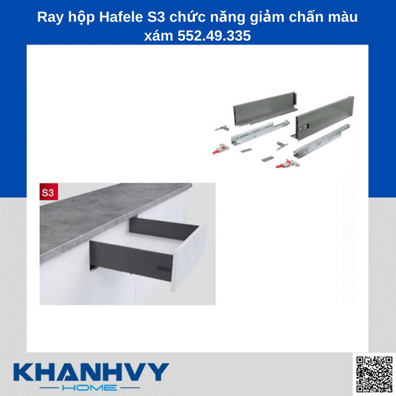 Ray hộp Hafele S3 chức năng giảm chấn màu xám 552.49.335 chính hãng tại Khánh Vy Home