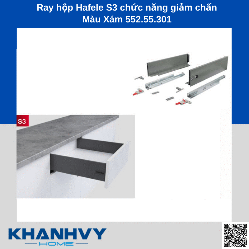 Ray hộp Hafele S3 chức năng giảm chấn Màu Xám 552.55.301 chính hãng tại Khánh Vy Home