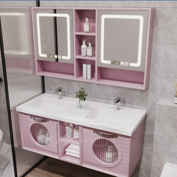 Tủ lavabo kính thông minh hồng MAAMO MF04-140