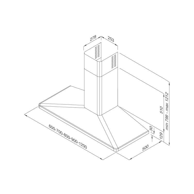 Kích thước lắp đặt máy hút khử mùi áp tường VARESE-K5020