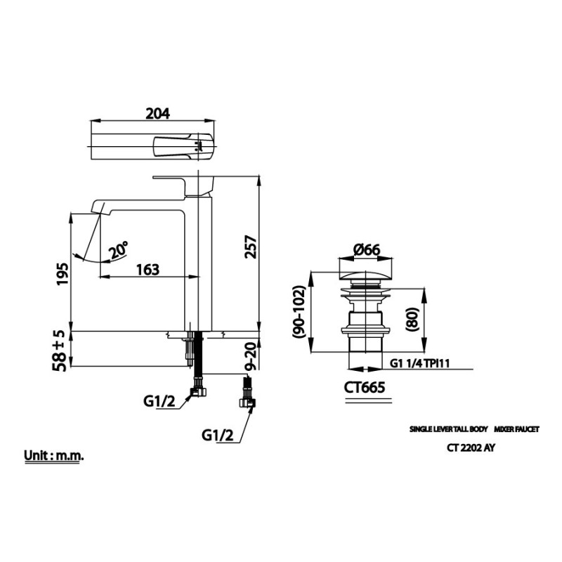Vòi lavabo nóng lạnh thân cao Cotto CT2202AY