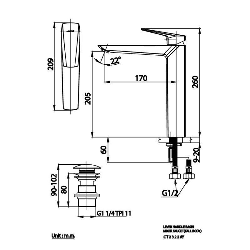 Vòi lavabo nóng lạnh thân cao Cotto CT2322AY