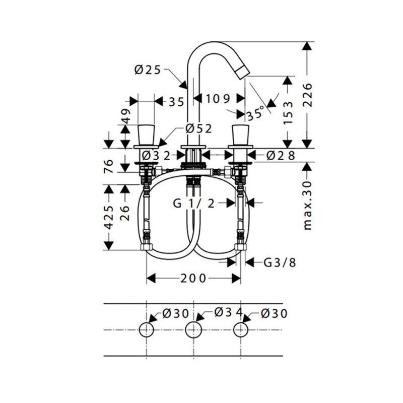 Vòi lavabo Hansgrohe 3 lỗ LOGIS 150 589.52.413