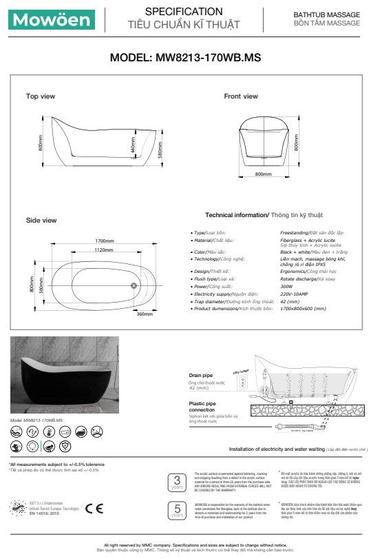 Bồn Tắm Massage Acrylic Mowoen MW8213-170WB.MS