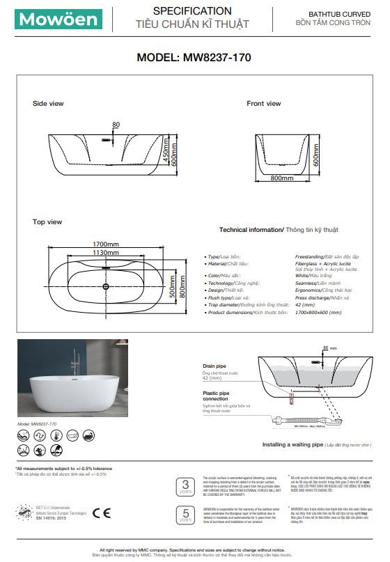 Bồn Tắm Acrylic Độc Lập Mowoen MW8237-170