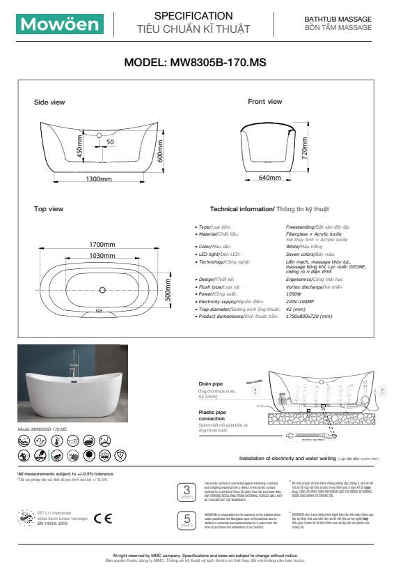 Bồn tắm Mowoen MW8266F-170.MS đặt sàn massage 1.7m