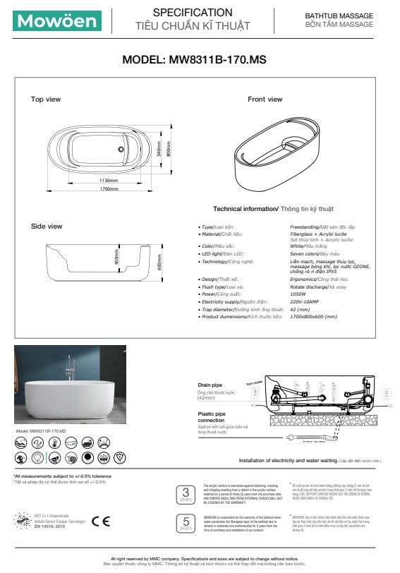Bồn Tắm Massage Acrylic Mowoen MW8311B-170.MS