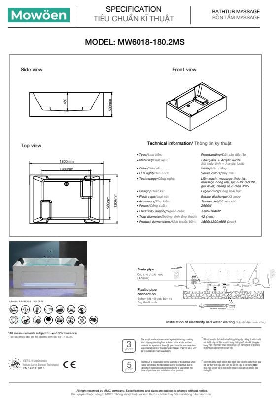 Bồn Tắm Massage Mowoen MW6018-180.2MS