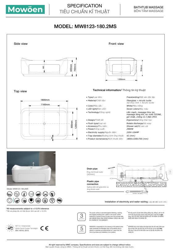 Bồn Tắm Massage Acrylic Mowoen MW8123-180.2MS