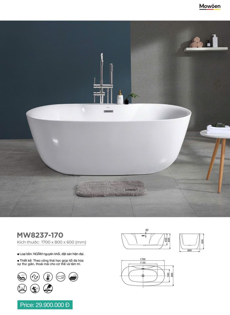 Bồn Tắm Acrylic Độc Lập Mowoen MW8237-170