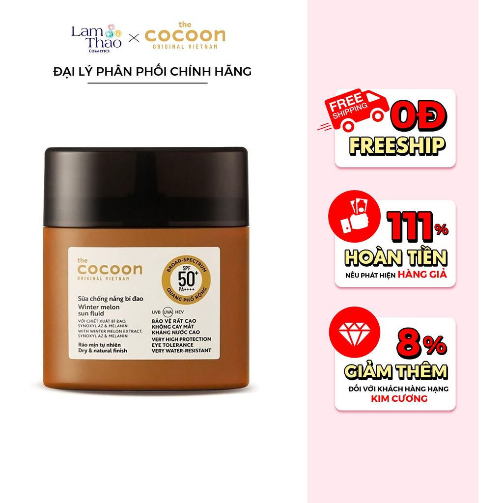 [HĐ COCOON TỪ 299K TẶNG 1 SON DƯỠNG COCOON] [HĐ COCOON TỪ 399K TẶNG 1 SỮA CHỐNG NẮNG COCOON 5ML] Sữa Chống Nắng Chiết Xuất Bí Đao Cocoon Winter Melon Sun Fluid SPF50+ PA++++