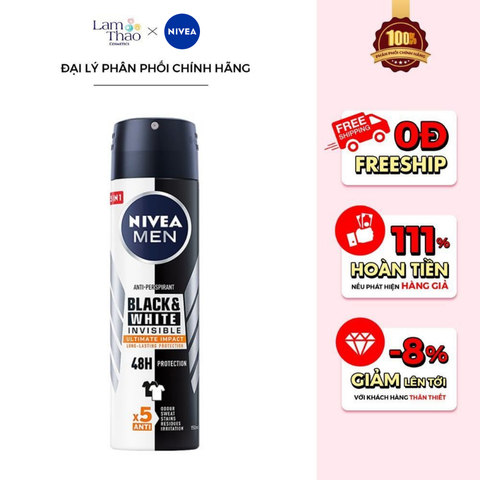  Xịt Khử Mùi Ngăn Vệt Ố Vàng Nivea Men Invisible For Black & White 48H Anti-Perspirant Spray 