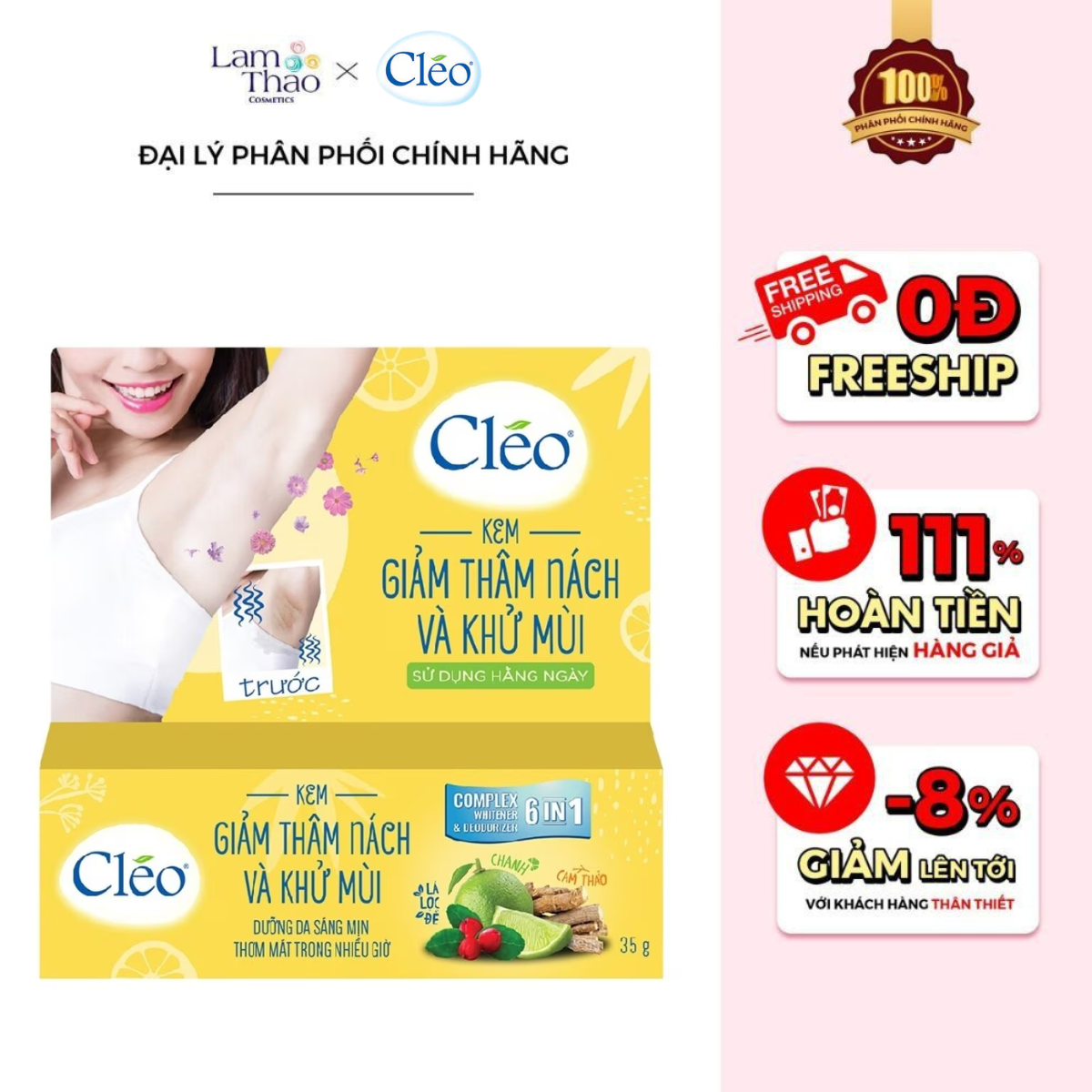 Kem Hỗ Trợ Giảm Thâm Nách & Khử Mùi Dưỡng Sáng 6 Trong 1 Cleo Complex Whitener & Deodorizer 6 In 1