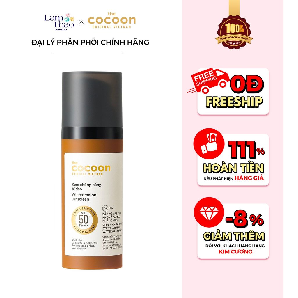 [HĐ COCOON TỪ 299K TẶNG 1 SON DƯỠNG COCOON] [HĐ COCOON TỪ 399K TẶNG 1 SỮA CHỐNG NẮNG COCOON 5ML] Kem Chống Nắng Chiết Xuất Bí Đao Cocoon Winter Melon Suncreen SPF 50 + PA ++++