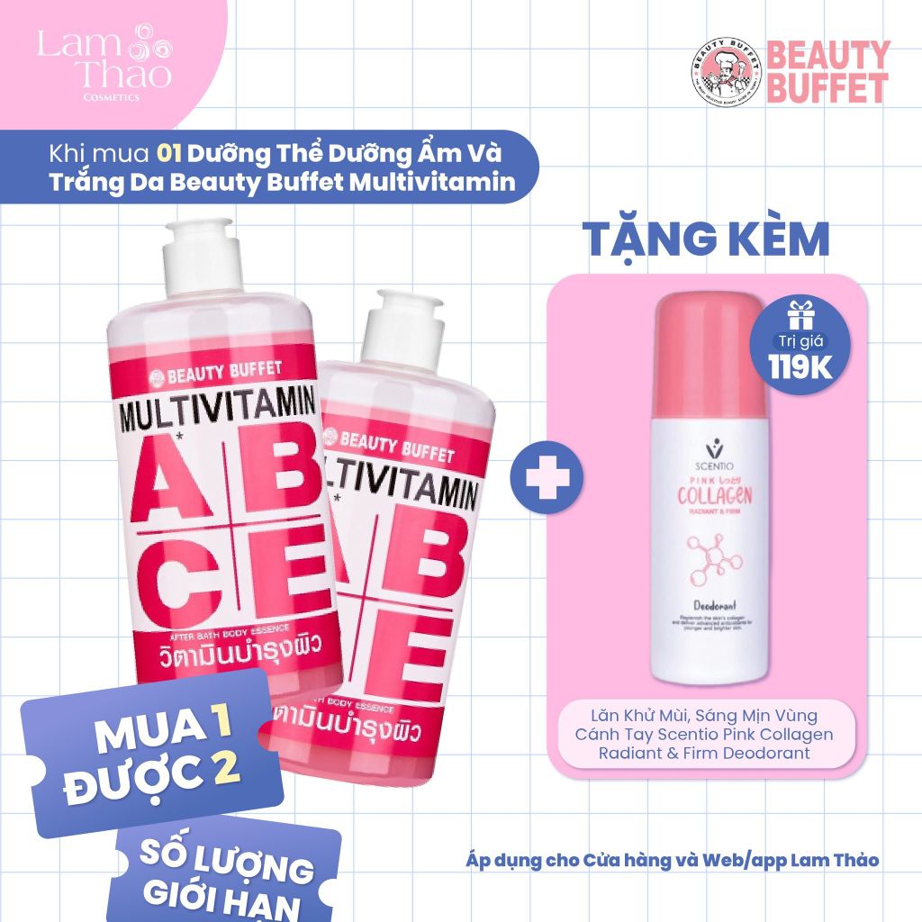 [MUA 1 TẶNG 1] Dưỡng Thể Dưỡng Ẩm Và Trắng Da Beauty Buffet Multivitamin TẶNG 1 LĂN KHỬ MÙI PINK SCENTIO COLLAGEN