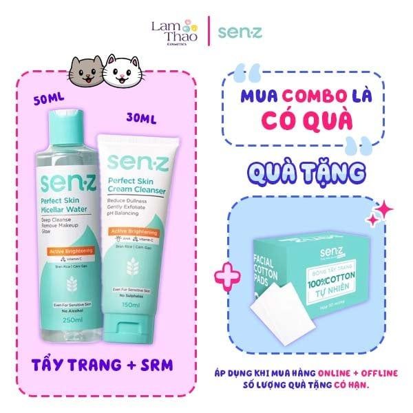 [MUA COMBO NTT + SRM MINSIZE CÁM GẠO TẶNG BTT SENZ]  Nước Tẩy Trang Chiết Xuất Cám Gạo Dưỡng Sáng Da Senz Perfect Skin Micellar Water