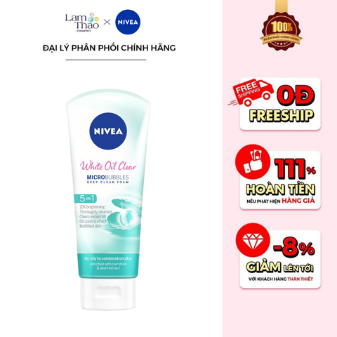  Sữa Rửa Mặt Dưỡng Sáng Da, Sạch Nhờn Nivea White Oil Clear Micro Bubbles Deep Clean Foam 5IN1 