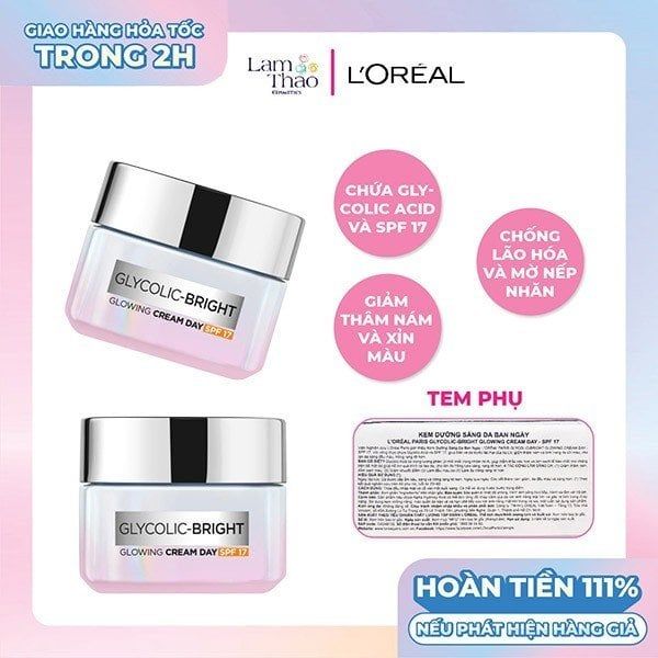 [HĐ LOREAL 399K TẶNG TÚI CANVAS LOREAL] Kem Dưỡng Sáng Da Ban Ngày Loreal Paris Glycolic-Bright Glowing Cream Day SPF 17