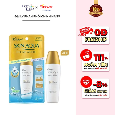  [DEAL 22/6 - 25/6 DUY NHẤT CỬA HÀNG TẶNG 03 TUÝP ESSENCE 7G] Chống Nắng Dạng Sữa Dưỡng Da Trắng Mịn Sunplay Skin Aqua Clear White SPF 50+ PA++++ 
