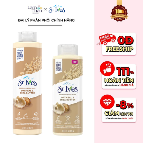  [MUA 2 SP ST.IVES BẤT KÌ TẶNG 1 GẤU BÔNG CAPYBARA]  Sữa Tắm Dưỡng Làm Mịn Da St.Ives Oatmeal & Shea Butter Soothing Body Wash (Mẫu Mới) 