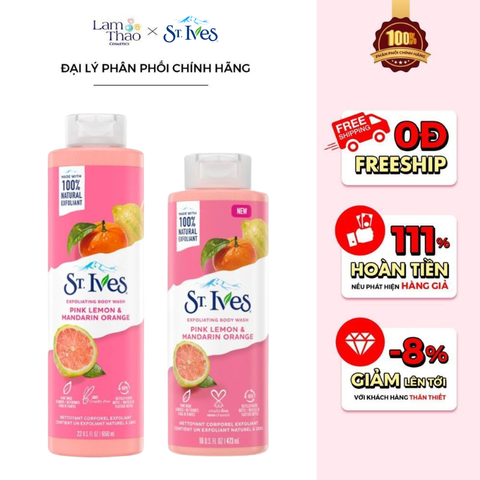  [MUA 2 SP ST.IVES BẤT KÌ TẶNG 1 GẤU BÔNG CAPYBARA] Sữa Tắm Dưỡng Sáng Da St.Ives Pink Lemon & Mandarin Orange Exfoliating Body Wash (Mẫu Mới) 