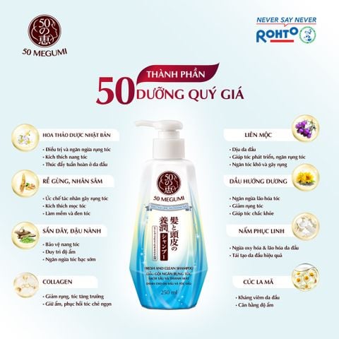  [MUA 1 SP 50 MEGUMI BẤT KÌ TẶNG 1 KHĂN 50 MEGUMI] Dầu Gội Hỗ Trợ Ngăn Rụng Tóc, Sạch Sâu Và Thanh Mát 50 Megumi Fresh And Clean Shampoo 