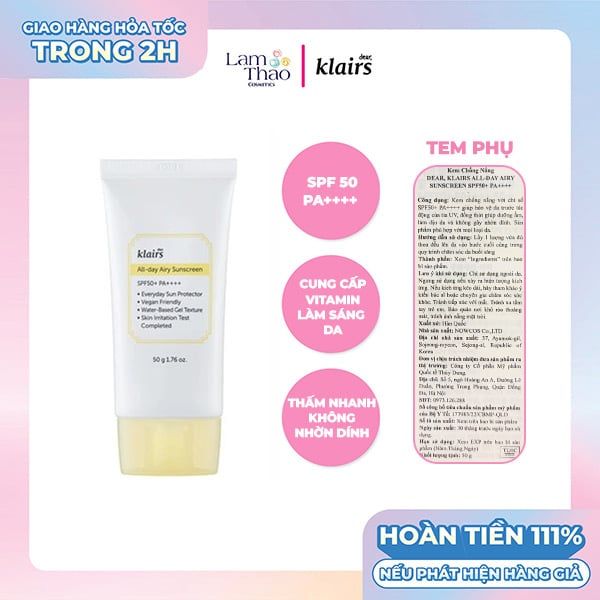 Kem Chống Nắng Ẩm Mượt, Làm Dịu Da Klairs All-day Airy Sunscreen SPF50+ PA++++