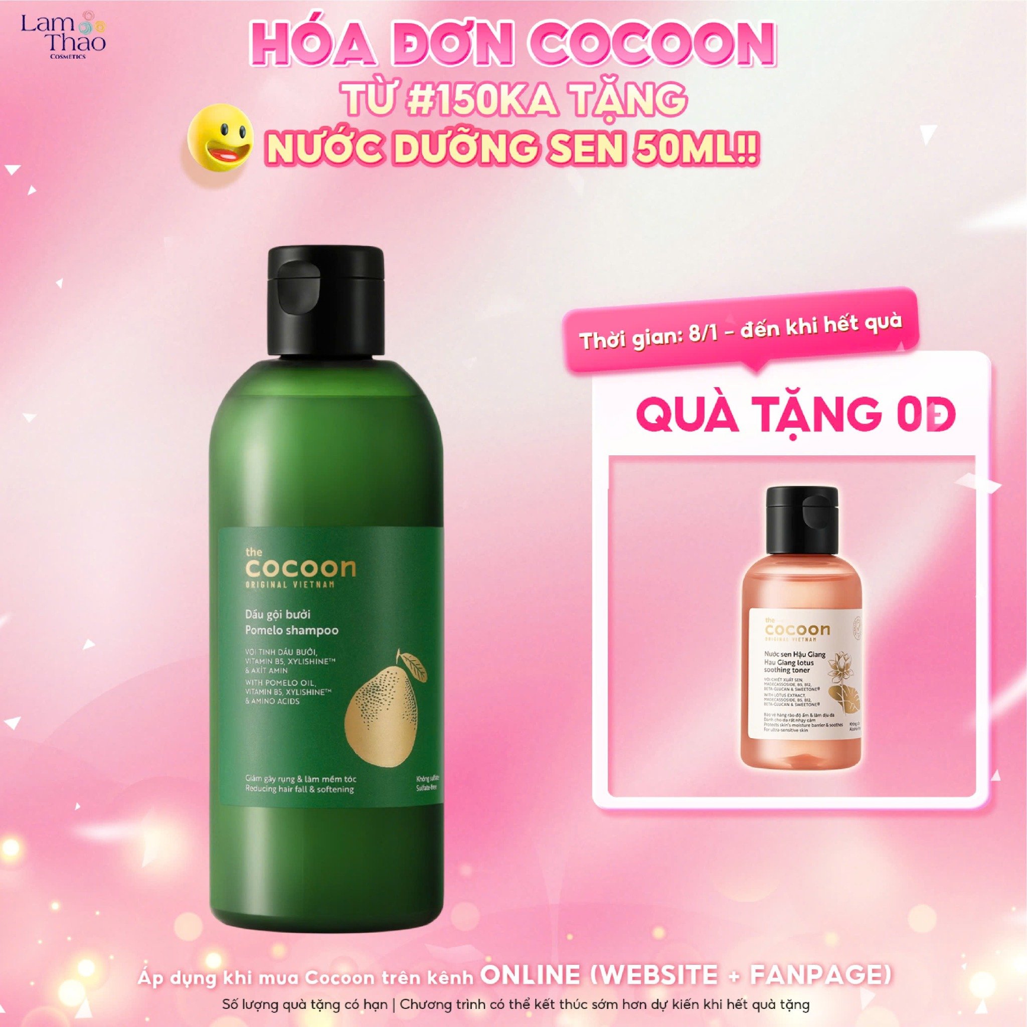 [ÁP DỤNG DUY NHẤT WEB: HĐ COCOON 150K TẶNG 1 NƯỚC SEN HẬU GIANG 50ML] Dầu Gội Bưởi Giảm Gãy Rụng Tóc Cocoon Pomelo Shampoo