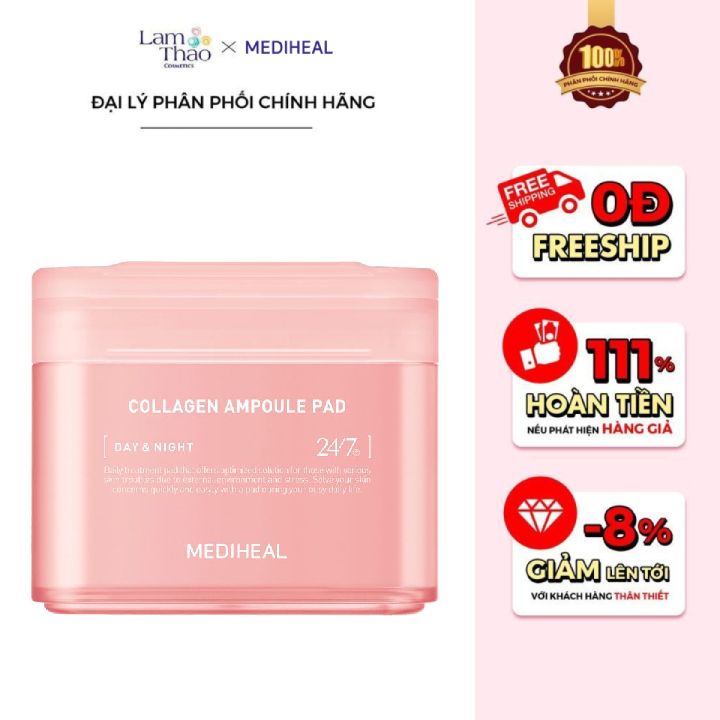 Toner Pad Cấp Ẩm Hỗ Trợ Giúp Săn Chắc, Ngăn Ngừa Lão Hoá Và Phục Hồi Dịu Nhẹ Mediheal Collagen Ampoule Pad