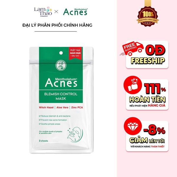 Mặt Nạ Hỗ Trợ Giảm Mụn, Dịu Da Acnes Blemish Control Mask 65g ( 3 Miếng/ gói)