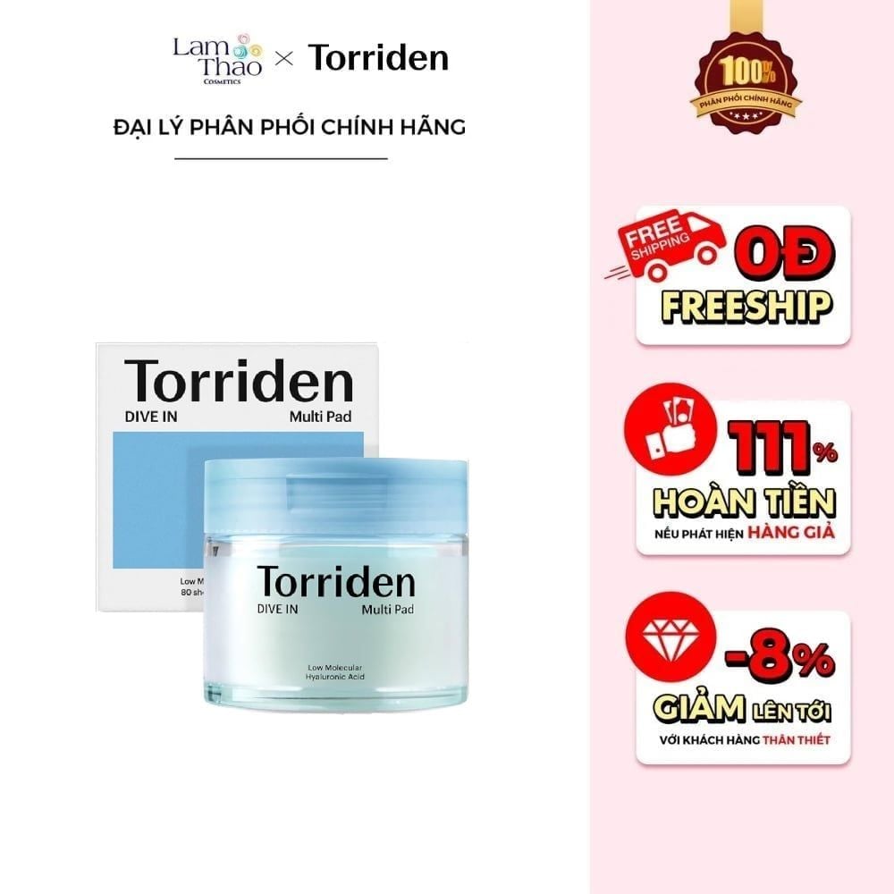 [MUA SP TORRIDEN FULL SIZE BẤT KỲ TẶNG SERUM 10ML] [HÓA ĐƠN TORRIDEN TỪ 999K TẶNG 1 SON DƯỠNG TORRIDEN + 1 MẶT NẠ TORRIDEN] Toner Cấp Ẩm Dạng Miếng Bông Torriden Dive In Low Molecule Hyaluronic Acid Multi Pad 80 Miếng
