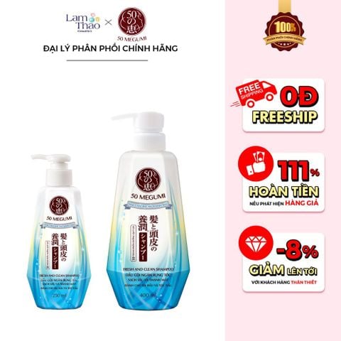  [MUA 1 SP 50 MEGUMI BẤT KÌ TẶNG 1 KHĂN 50 MEGUMI] Dầu Gội Hỗ Trợ Ngăn Rụng Tóc, Sạch Sâu Và Thanh Mát 50 Megumi Fresh And Clean Shampoo 
