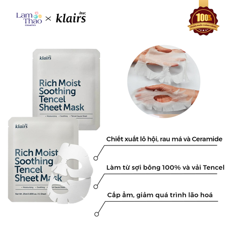  Mặt Nạ Dưỡng Ẩm Làm Dịu Da Klairs Rich Moist Soothing Tencel Sheet Mask 