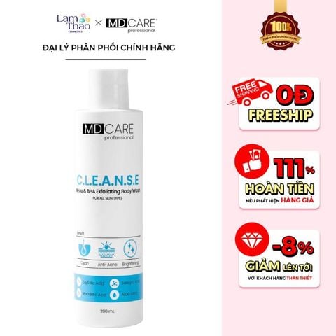  [TẶNG BTT BEFOU OVERSIZE 50 MIẾNG] [HĐ MD CARE 499K TẶNG 01 TÚI DA] Sữa Tắm Hỗ Trợ Tẩy Tế Bào Da Chết Và Giảm Mụn MD CARE C.L.E.A.N.S.E AHAs & BHA Exfoliating Body Wash 