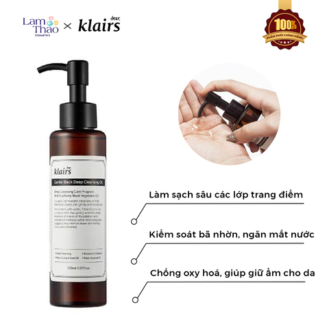  Dầu Tẩy Trang Kiểm Soát Bã Nhờn, Cung Cấp Dưỡng Chất Cho Da Klairs Gentle Black Deep Cleansing Oil 