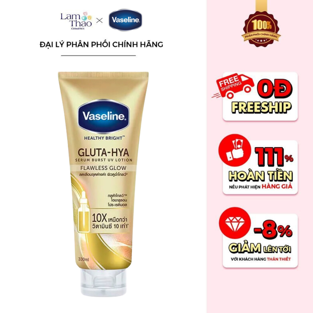 Sữa Dưỡng Thể Trắng Sáng Đều Màu Da Chống Nắng Ban Ngày Vaseline Healthy Bright Gluta-Hya Serum Burst UV Lotion