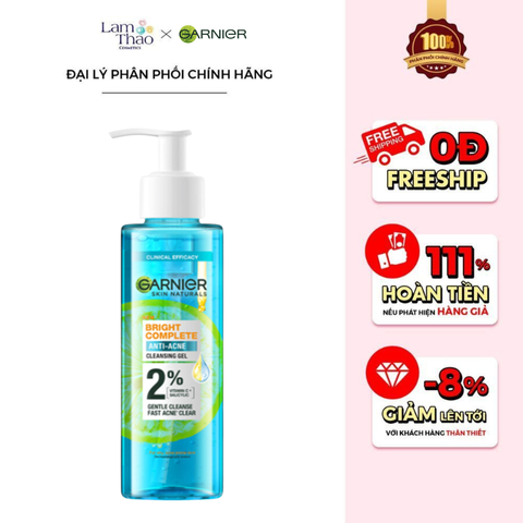  Gel Rửa Mặt Sạch Thoáng Dịu Nhẹ Cho Da Dầu Mụn Garnier Bright Complete Anti-Acne Cleansing Gel 