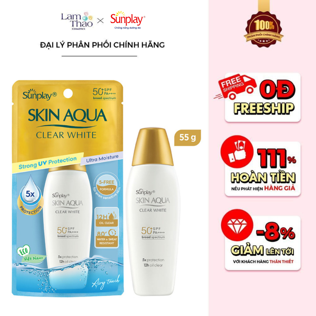 [HÓA ĐƠN SUNPLAY SKIN AQUA từ 199K TẶNG 1 TÚI REN HOA CÚC + 1 LOTION DƯỠNG THỂ 15G]  Chống Nắng Dạng Sữa Dưỡng Da Trắng Mịn Sunplay Skin Aqua Clear White SPF 50+ PA++++