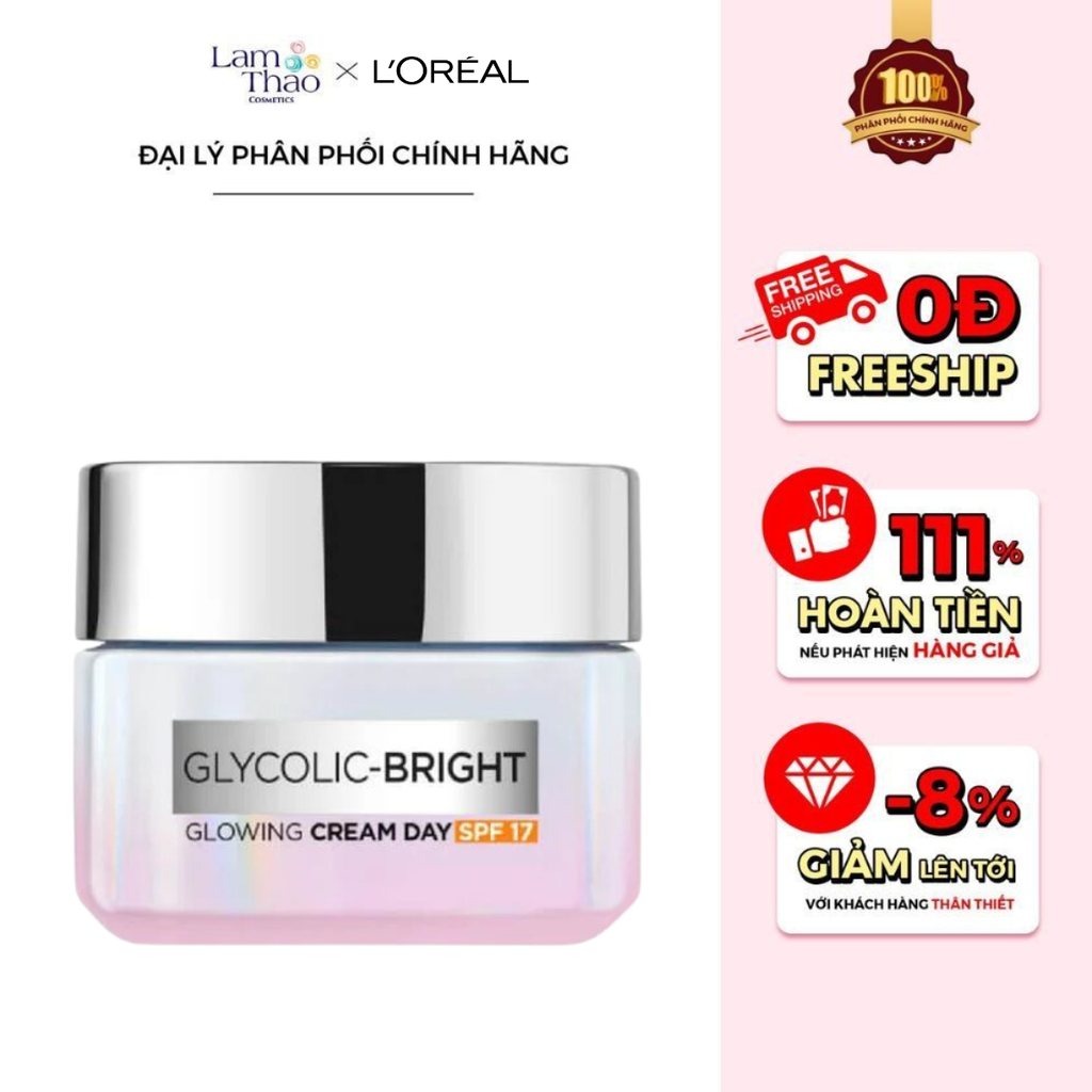 [HĐ LOREAL 399K TẶNG TÚI CANVAS LOREAL] Kem Dưỡng Sáng Da Ban Ngày Loreal Paris Glycolic-Bright Glowing Cream Day SPF 17